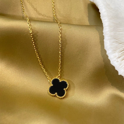 [Bling Jewelrys ]CLOVER 15MM BLACK ONYX SINGLE FLOWER NECKLACE
