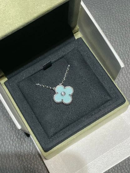 [Bling Jewelrys ]CLOVER 1 DIAMOND LIGHT BLUE SILVER NECKLACE