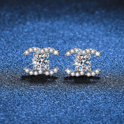 [Bling Jewelrys]CHIC INTERLOCKING DOUBLE-C MOISSANITE STUD EARRINGS