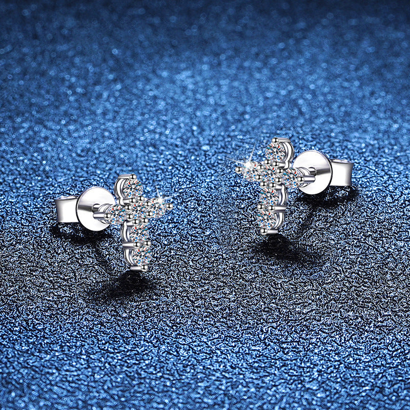 [Bling Jewelrys]SPARKLING CROSS MOISSANITE STUD EARRINGS