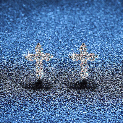 [Bling Jewelrys]SPARKLING CROSS MOISSANITE STUD EARRINGS