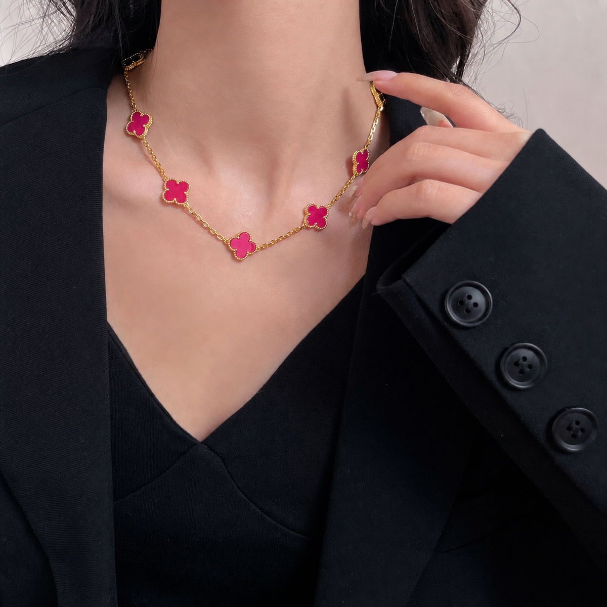 [Bling Jewelrys]NEW CLOVER 10 MOTIFS PINK ENAMEL NECKLACE