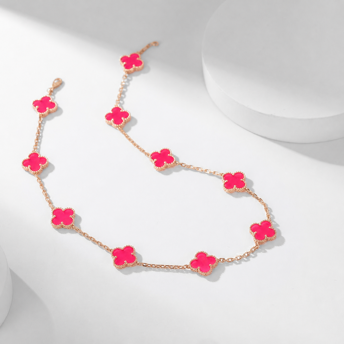 [Bling Jewelrys]NEW CLOVER 10 MOTIFS PINK ENAMEL NECKLACE