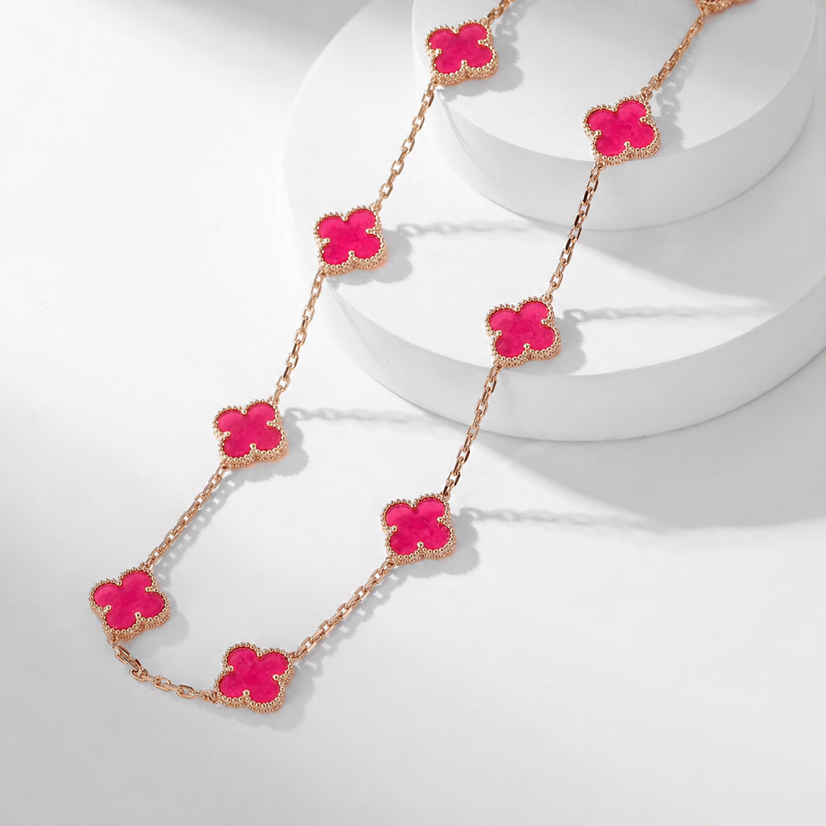 [Bling Jewelrys]NEW CLOVER 10 MOTIFS PINK ENAMEL NECKLACE