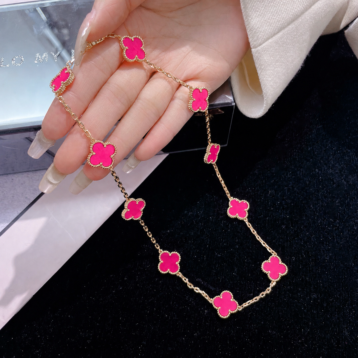 [Bling Jewelrys]NEW CLOVER 10 MOTIFS PINK ENAMEL NECKLACE