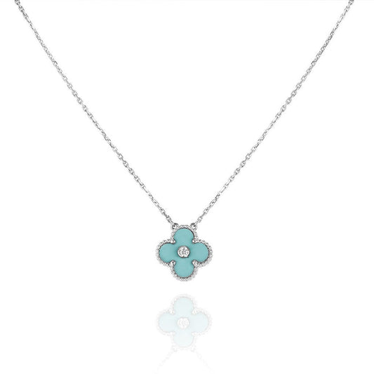 [Bling Jewelrys ]CLOVER 1 DIAMOND LIGHT BLUE SILVER NECKLACE