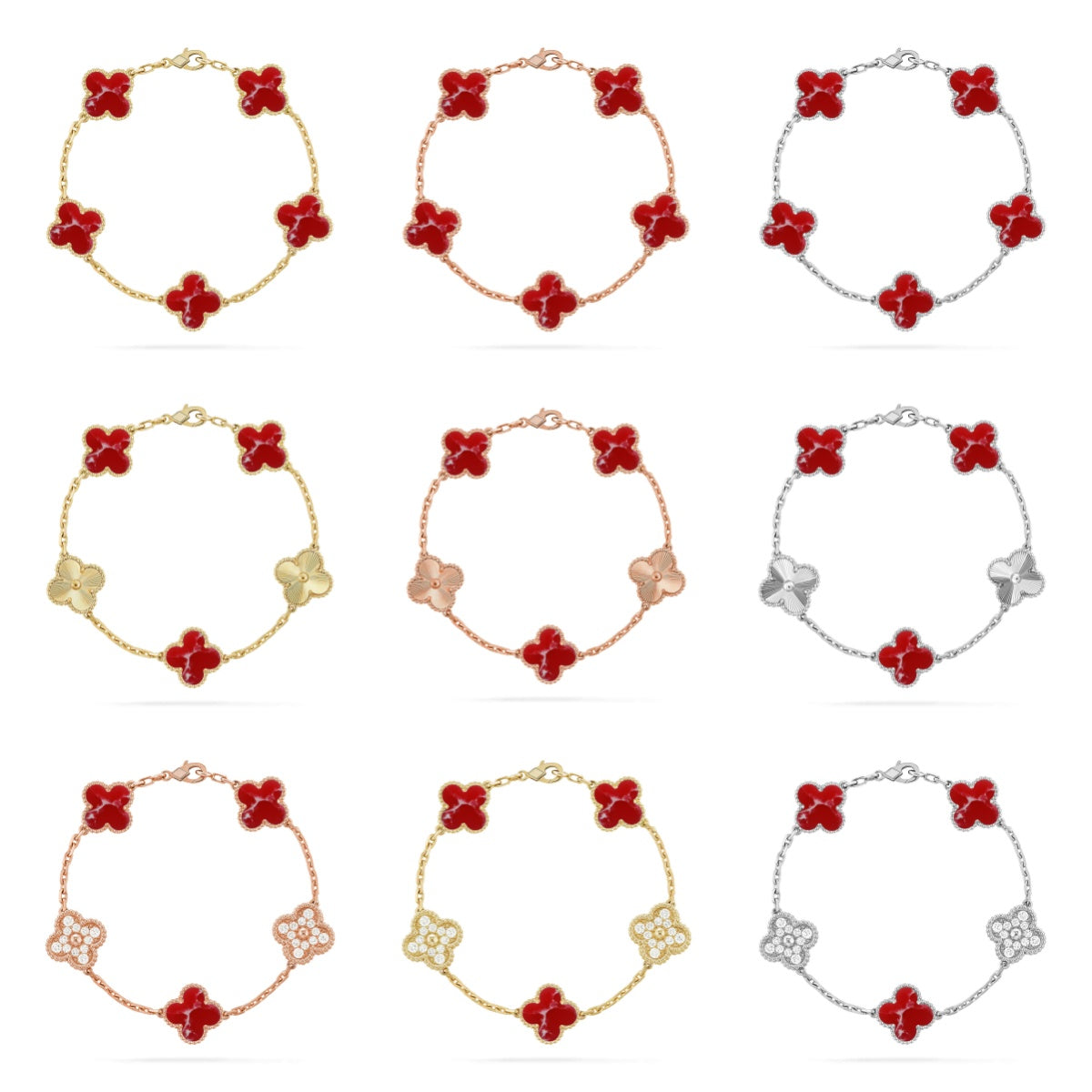 {
  "Bling Jewelrys": "Bling Jewelrys",
  "CLOVER 5 MOTIF RED PATTERN BRACELET COLLECTION": "KLEEBLATT 5-MOTIV ARMBAND-KOLLEKTION MIT ROTEM MUSTER"
}