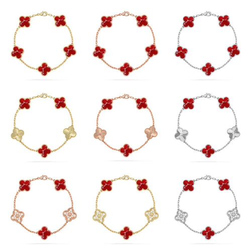 {
  "Bling Jewelrys": "Bling Jewelrys",
  "CLOVER 5 MOTIF RED PATTERN BRACELET COLLECTION": "KLEEBLATT 5-MOTIV ARMBAND-KOLLEKTION MIT ROTEM MUSTER"
}