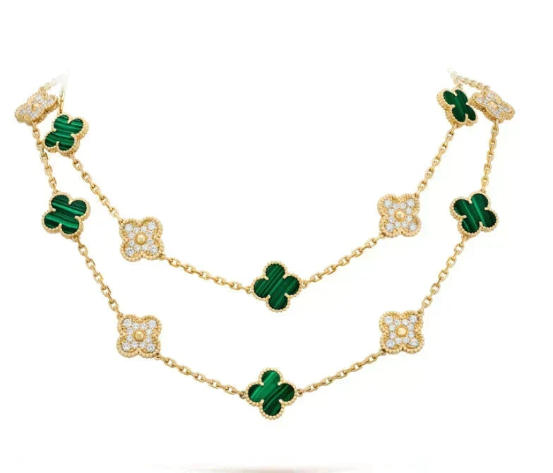 {
  "Bling Jewelrys": "Bling Jewelrys",
  "CLOVER 20 MOTIFS MALACHITE DIAMOND NECKLACE": "KLEEBLATT-HALSKETTE MIT 20 MOTIVEN AUS MALACHIT UND DIAMANTEN"
}