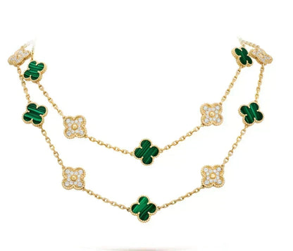 {
  "Bling Jewelrys": "Bling Jewelrys",
  "CLOVER 20 MOTIFS MALACHITE DIAMOND NECKLACE": "KLEEBLATT-HALSKETTE MIT 20 MOTIVEN AUS MALACHIT UND DIAMANTEN"
}