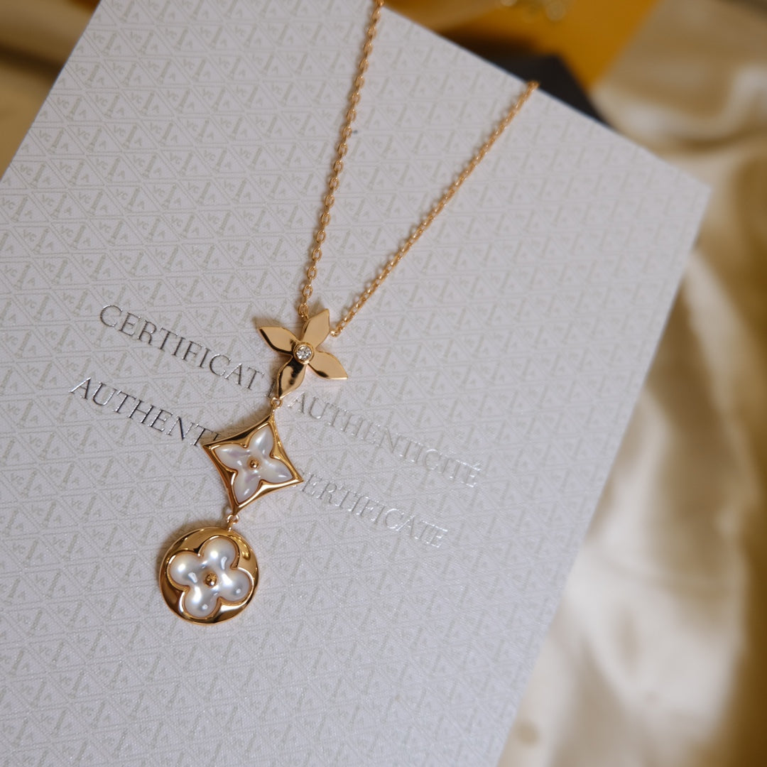 [Bling Jewelrys] COLOR BLOSSOM LARIAT HALSKETTE ROSÉGOLD WEISSE PERLMUTT UND DIAMANT