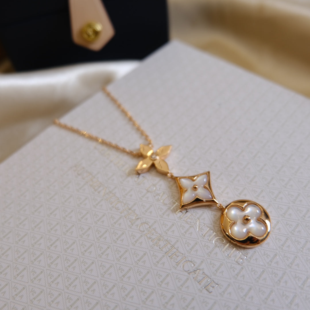 [Bling Jewelrys] COLOR BLOSSOM LARIAT HALSKETTE ROSÉGOLD WEISSE PERLMUTT UND DIAMANT