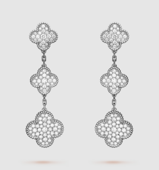 [Bling Jewelrys ]CLOVER 3 MOTIF DIAMOND SILVER DROP EARRINGS
