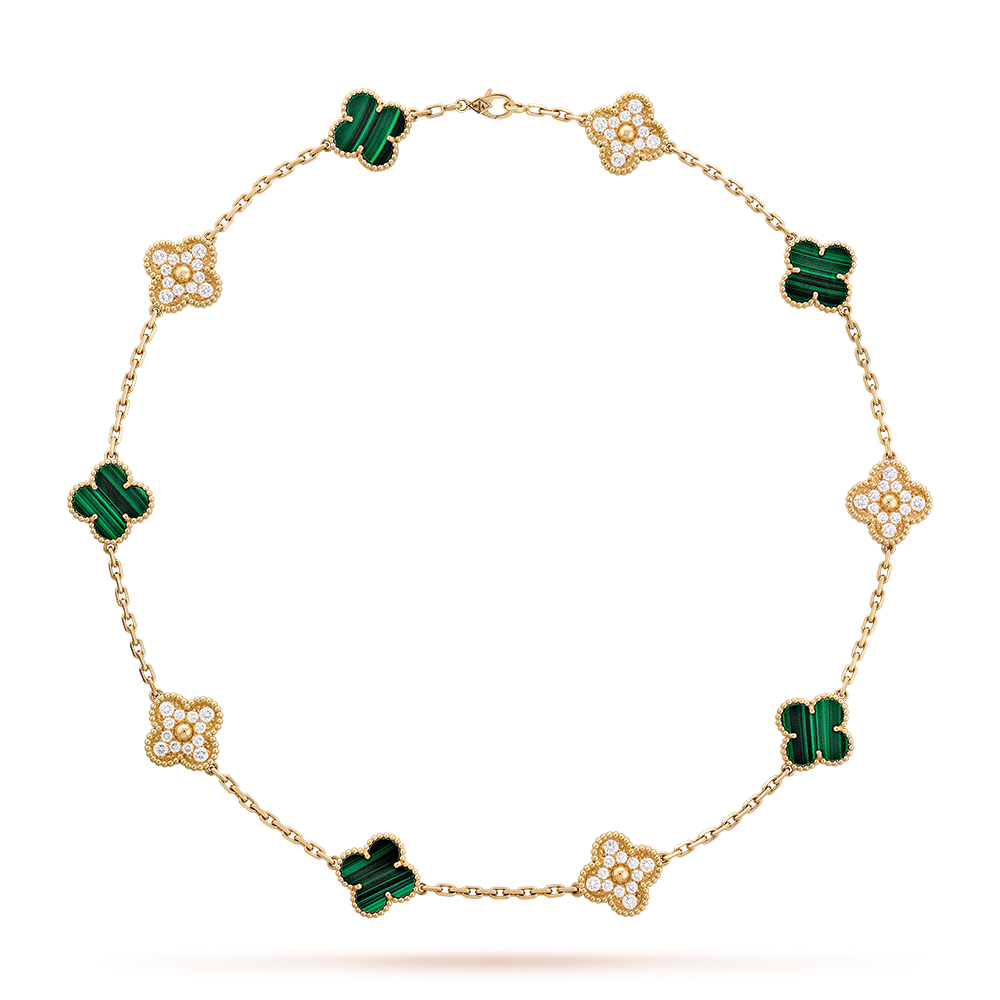 [Bling Jewelrys ]CLOVER 10 MOTIFS MALACHITE DIAMOND NECKLACE