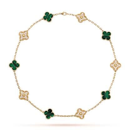 [Bling Jewelrys ]CLOVER 10 MOTIFS MALACHITE DIAMOND NECKLACE