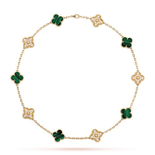 [Bling Jewelrys ]CLOVER 10 MOTIFS MALACHITE DIAMOND NECKLACE