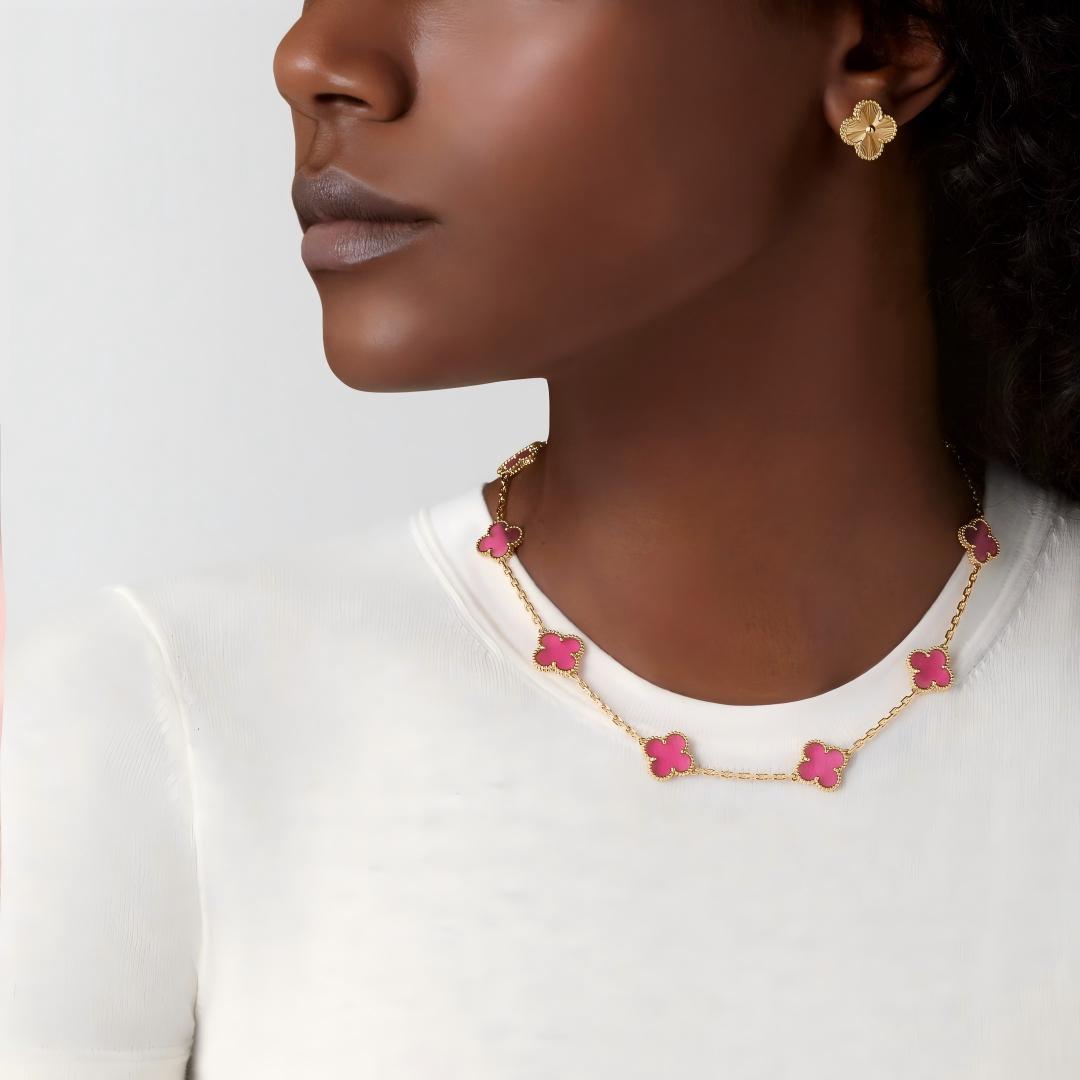 [Bling Jewelrys]NEW CLOVER 10 MOTIFS PINK ENAMEL NECKLACE