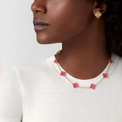 [Bling Jewelrys]NEW CLOVER 10 MOTIFS PINK ENAMEL NECKLACE