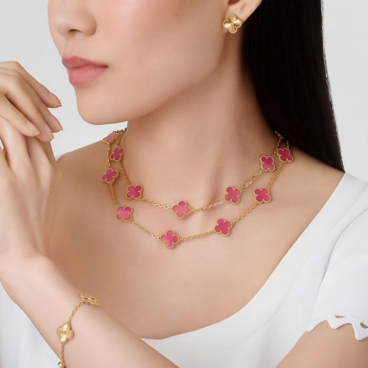 [Bling Jewelrys] NEW CLOVER 20 MOTIFS PINK ENAMEL NECKLACE