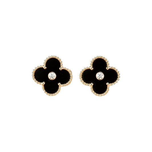 [Bling Jewelrys ]CLOVER MEDIUM 1 MOTIFS ONYX DIAMOND EARRINGS