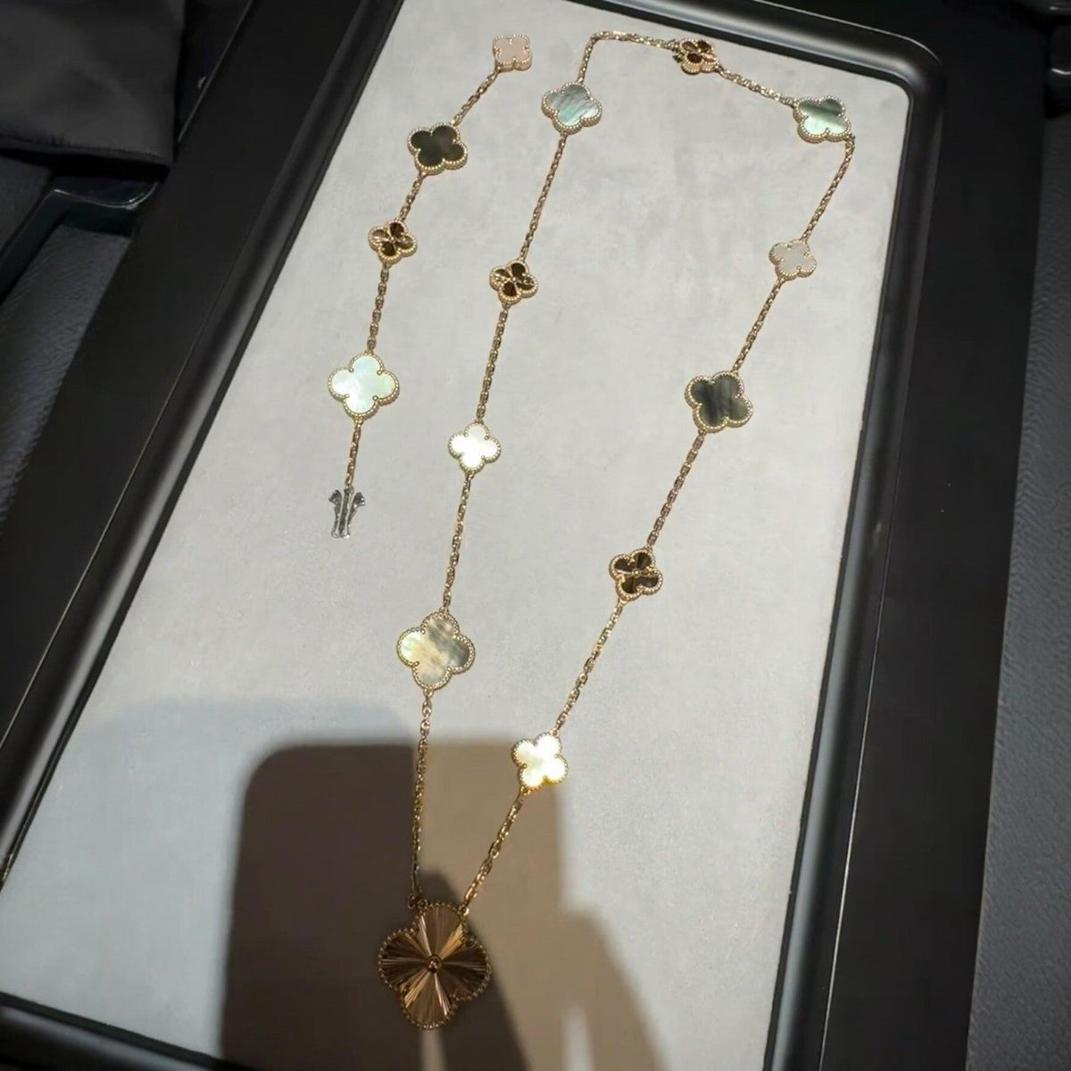 [Bling Jewelrys ]DETACHABLE CLOVER 15(11+4) FLOWER ROSE GOLD NECKLACE SET