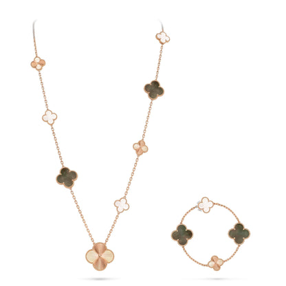 [Bling Jewelrys ]DETACHABLE CLOVER 15(11+4) FLOWER ROSE GOLD NECKLACE SET