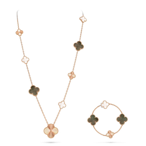[Bling Jewelrys ]DETACHABLE CLOVER 15(11+4) FLOWER ROSE GOLD NECKLACE SET