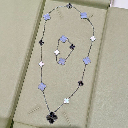 [Bling Jewelrys ]DETACHABLE CLOVER 15(11+4) FLOWER SILVER NECKLACE SET