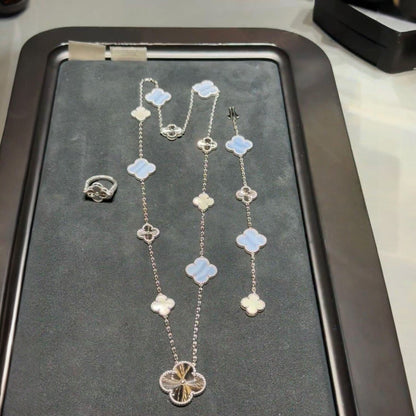 [Bling Jewelrys ]DETACHABLE CLOVER 15(11+4) FLOWER SILVER NECKLACE SET