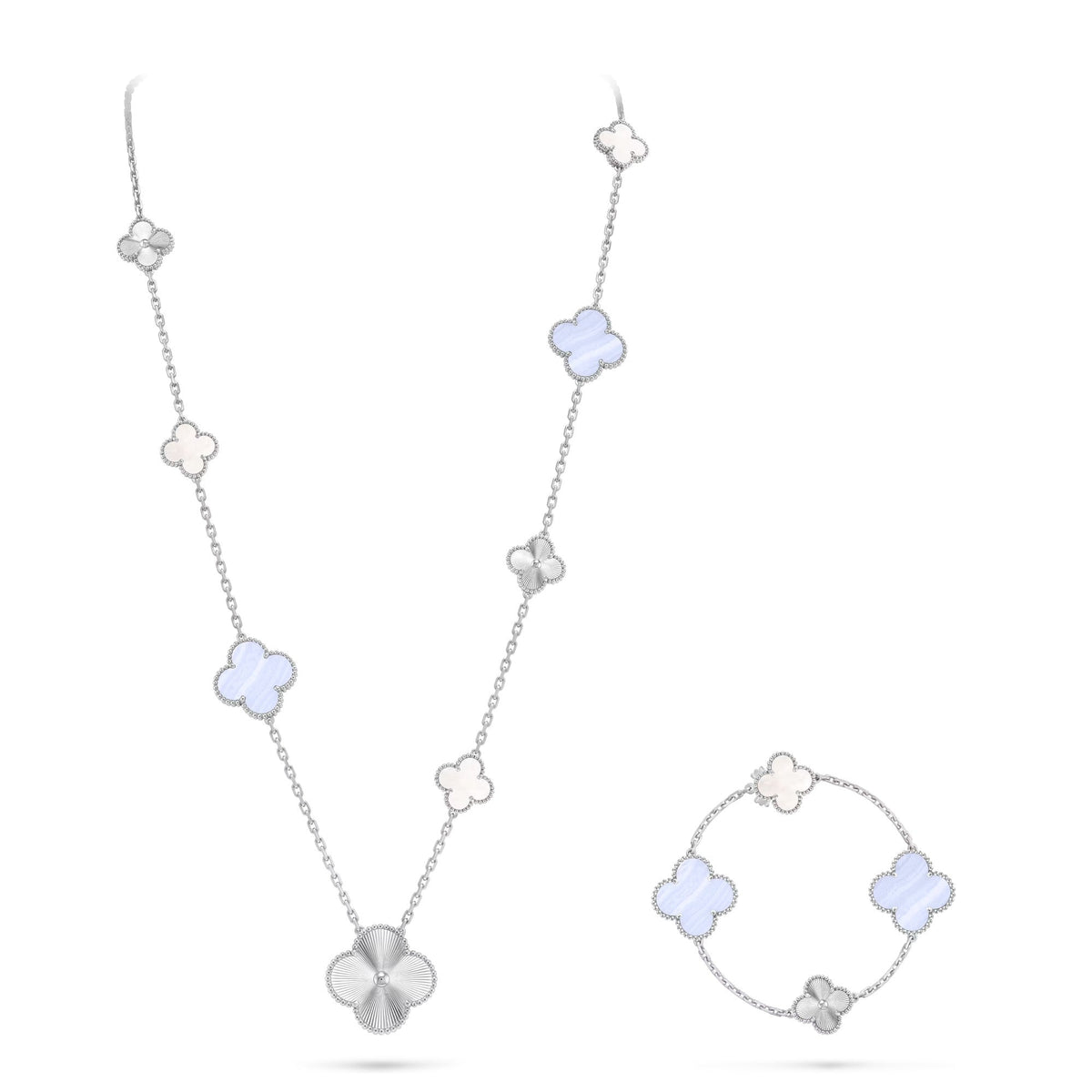 [Bling Jewelrys ]DETACHABLE CLOVER 15(11+4) FLOWER SILVER NECKLACE SET