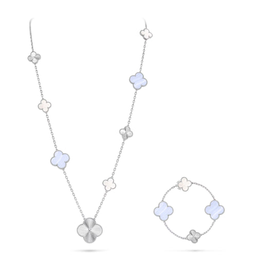 [Bling Jewelrys ]DETACHABLE CLOVER 15(11+4) FLOWER SILVER NECKLACE SET