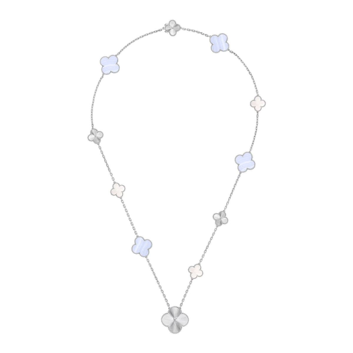 [Bling Jewelrys ]DETACHABLE CLOVER 15(11+4) FLOWER SILVER NECKLACE SET