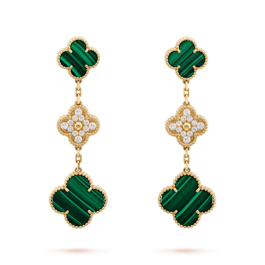 [Bling Jewelrys ]CLOVER EARRINGS GOLD MALACHITE DIAMOND 3 MOTIF