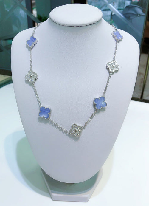 [Bling Jewelrys ]CLOVER 10 MOTIFS CHALCEDONY DIAMONDS SILVER NECKLACE