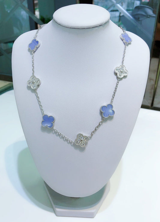 [Bling Jewelrys ]KLEEBLATT 10 MOTIVE CHALCEDON DIAMANTEN SILBERHALSKETTE