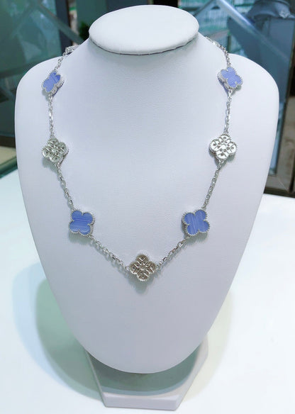 [Bling Jewelrys ]CLOVER 10 MOTIFS CHALCEDONY DIAMONDS SILVER NECKLACE