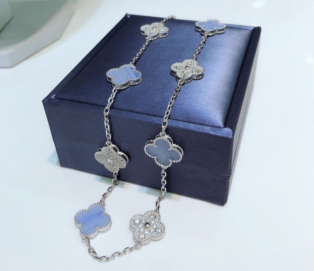 [Bling Jewelrys ]CLOVER 10 MOTIFS CHALCEDONY DIAMONDS SILVER NECKLACE