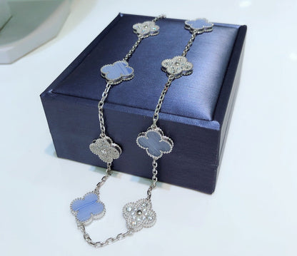[Bling Jewelrys ]CLOVER 10 MOTIFS CHALCEDONY DIAMONDS SILVER NECKLACE