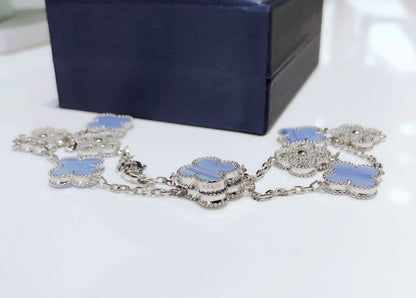 [Bling Jewelrys ]CLOVER 10 MOTIFS CHALCEDONY DIAMONDS SILVER NECKLACE