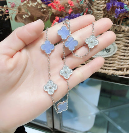 [Bling Jewelrys ]CLOVER 10 MOTIFS CHALCEDONY DIAMONDS SILVER NECKLACE