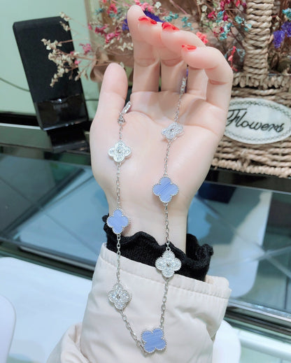 [Bling Jewelrys ]CLOVER 10 MOTIFS CHALCEDONY DIAMONDS SILVER NECKLACE