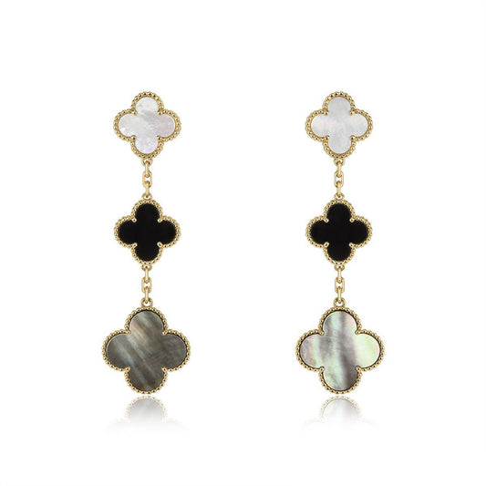 [Bling Jewelrys ]CLOVER EARRINGS GOLD ONYX MOP 3 MOTIF