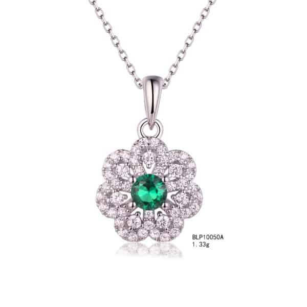 Silver CZ & Emerald Flower Earring & Pendant Set - 图片 2