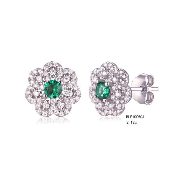 silver cz & emerald flower earring & pendant set