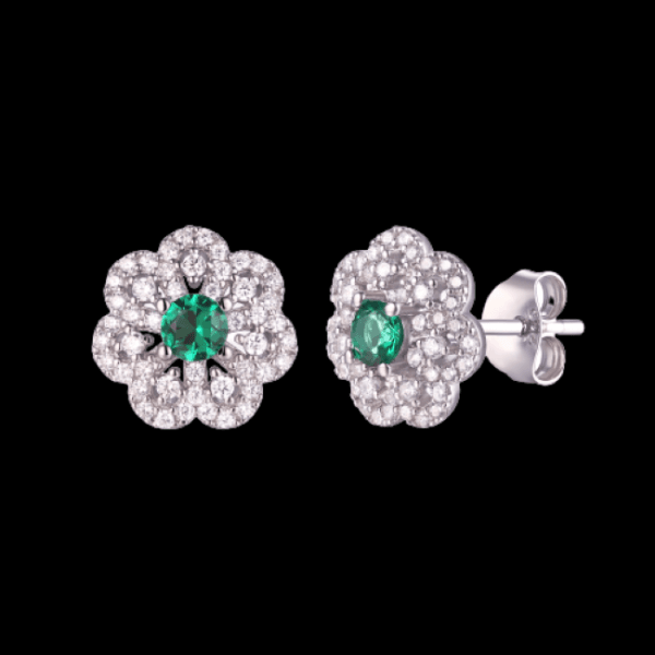 silver cz & emerald flower earring & pendant set