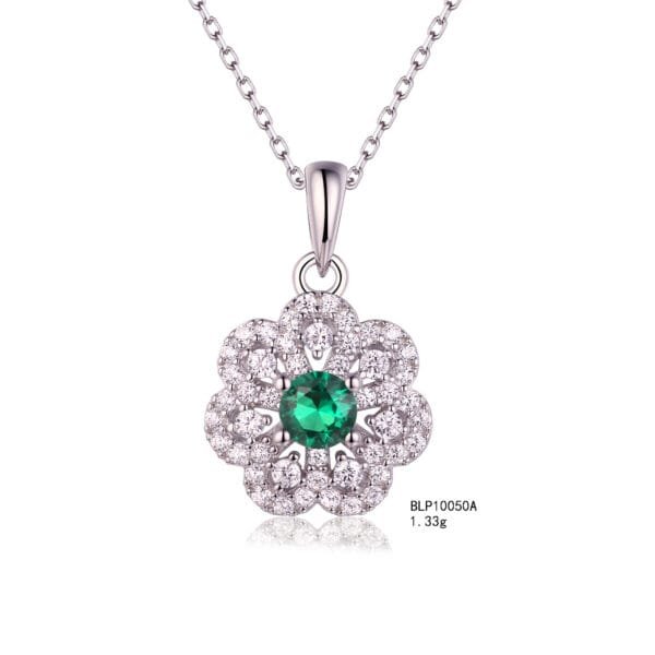 silver cz & emerald flower earring & pendant set