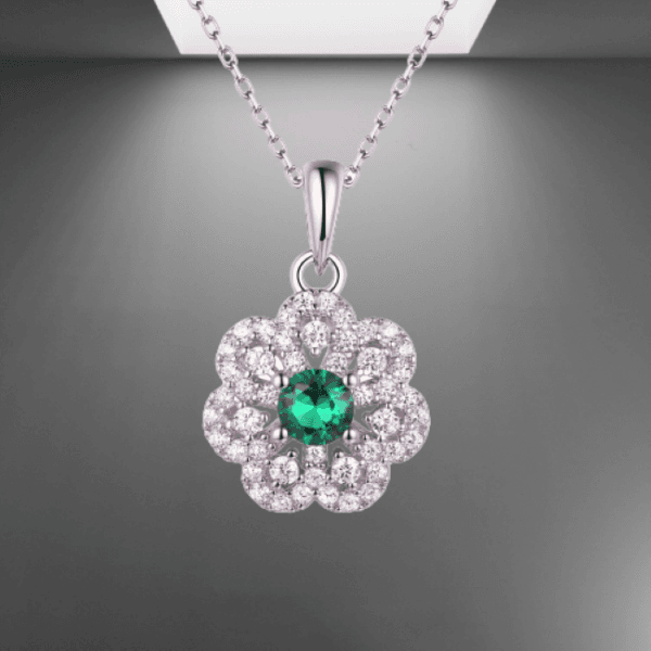 silver cz & emerald flower earring & pendant set