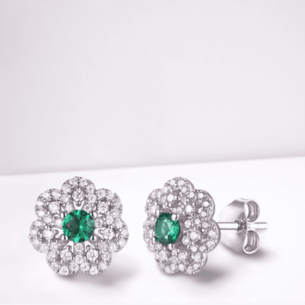 silver cz & emerald flower earring & pendant set